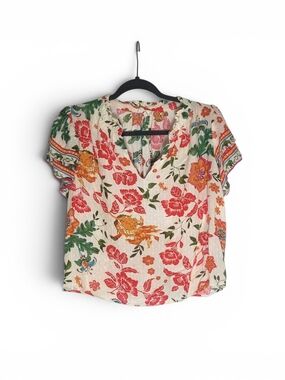 Nicole Miller Cream Floral Split-Neck Short Sleeve Blouse with Red & Green Print